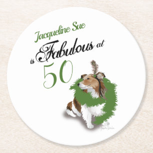 50 and Fabulous Birthday Sheltie Dog Green Round Paper Coaster
