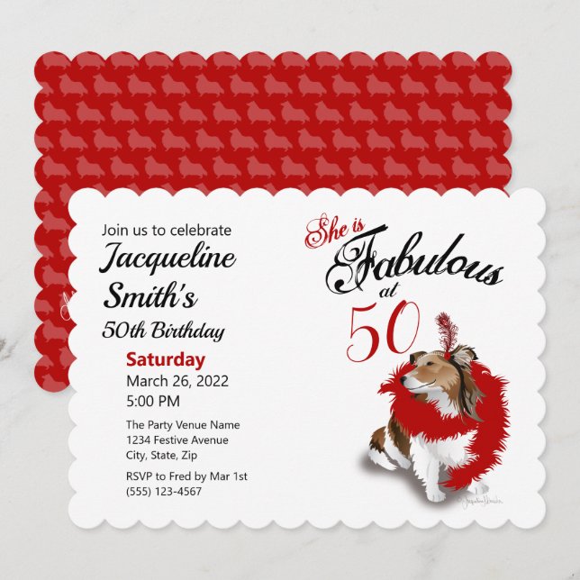 50 and Fabulous Birthday Sheltie Dog Red Invitation (Front/Back)