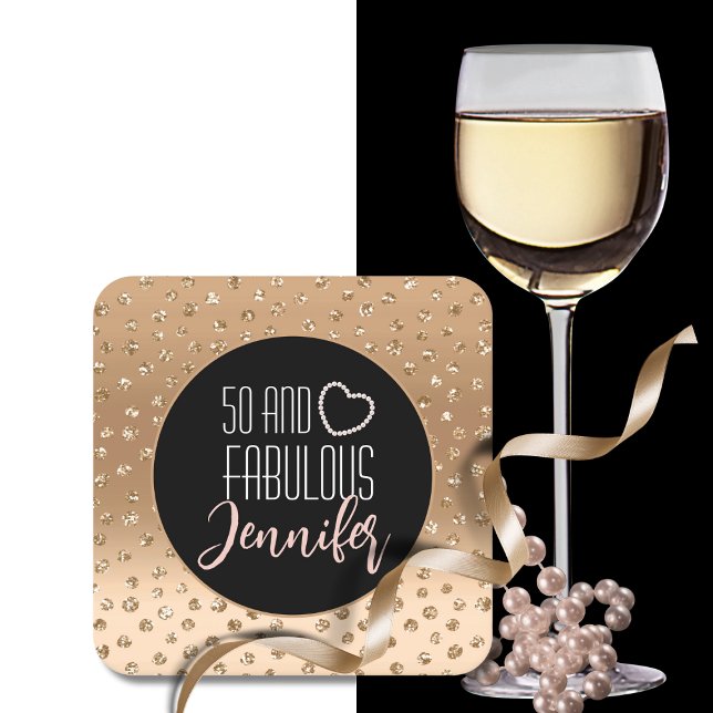 50 and Fabulous Birthday Sparkle Gold Black Blush  Square Paper Coaster (Creator Uploaded)