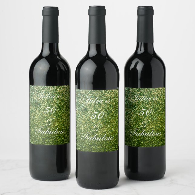 50 And Fabulous Birthday White Green Glitter Cool Wine Label (Bottles)