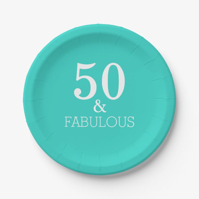 50 And Fabulous Birthday White Turquoise Blue Paper Plate (Front)