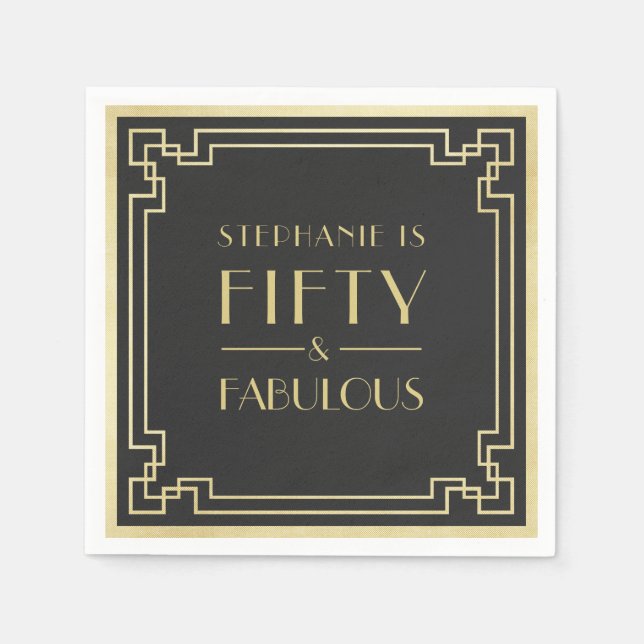 50 and Fabulous Black and Gold Art Deco Birthday Napkin (Front)