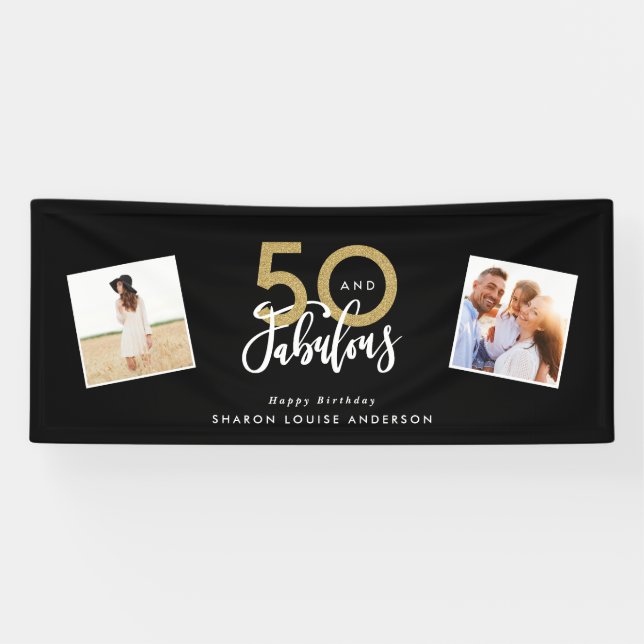 50 and fabulous black and gold birthday  banner (Horizontal)