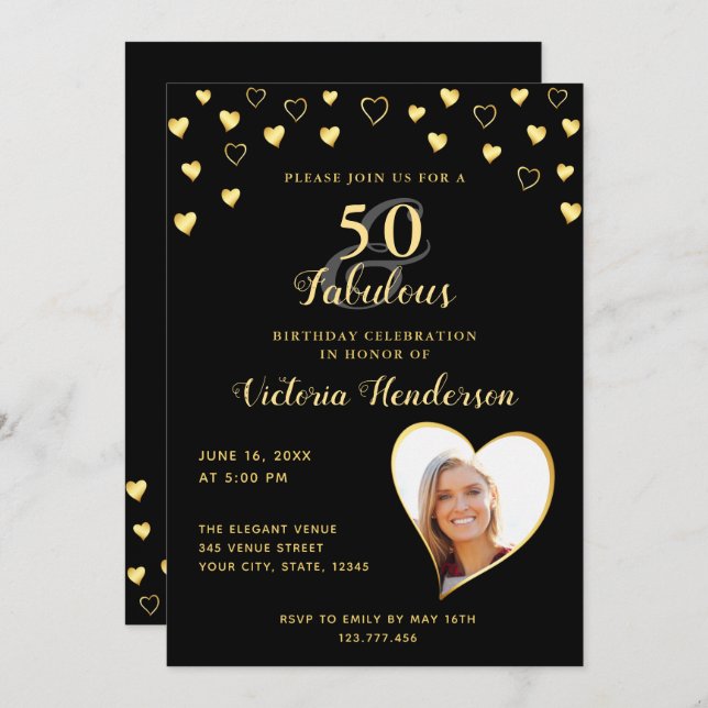 50 and Fabulous Black and Gold Birthday Invitation (Front/Back)