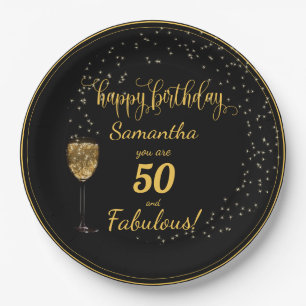 50 and Fabulous Black and Gold Birthday Paper Plate