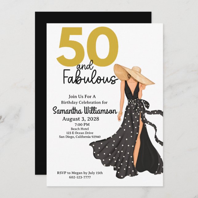 50 and Fabulous Black and Gold Birthday Party Invitation (Front/Back)