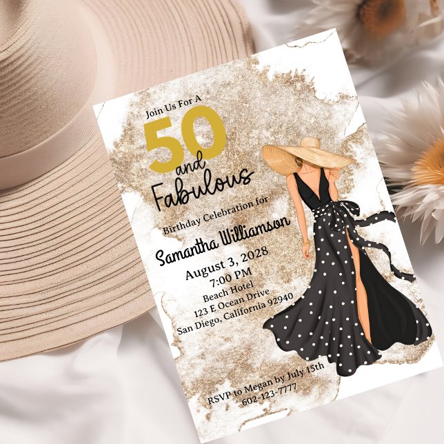 50 and Fabulous Black and Gold Birthday Party Invitation (Creator Uploaded)