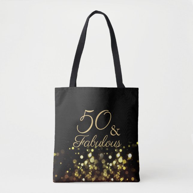 50 and Fabulous Black and Gold Birthday Tote Bag (Front)