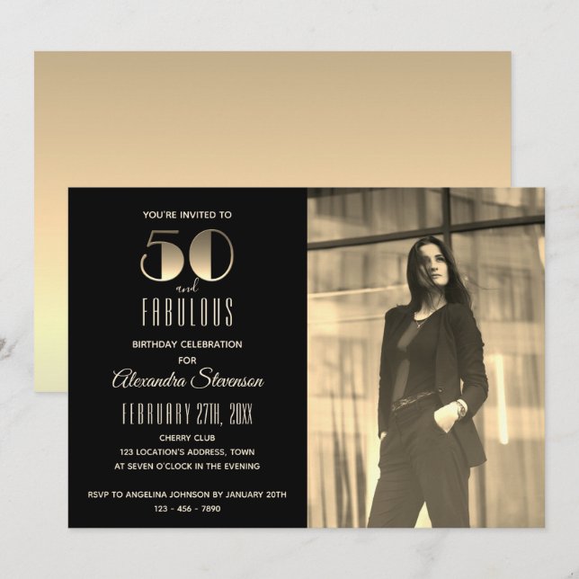 50 and Fabulous Black and Gold Photo 50th Birthday Invitation (Front/Back)