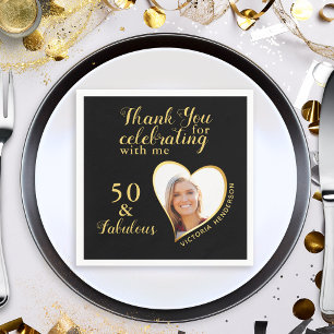 50 and Fabulous Black and Gold Photo Birthday Napkin