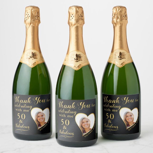 50 and Fabulous Black and Gold Thank You Birthday Sparkling Wine Label (Bottles)