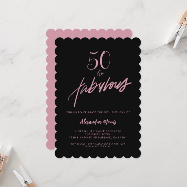 50 and Fabulous Black and Pink Birthday Invitation (Front/Back In Situ)