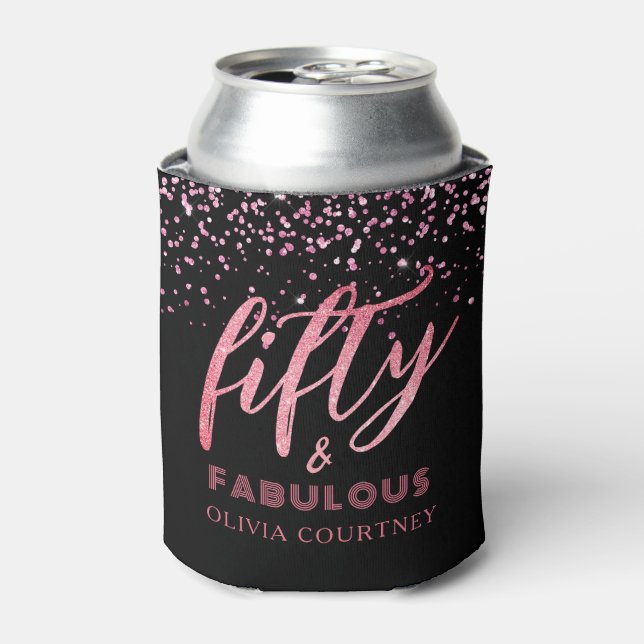 50 and Fabulous Black and Pink Glitter Birthday Can Cooler (Can Front)