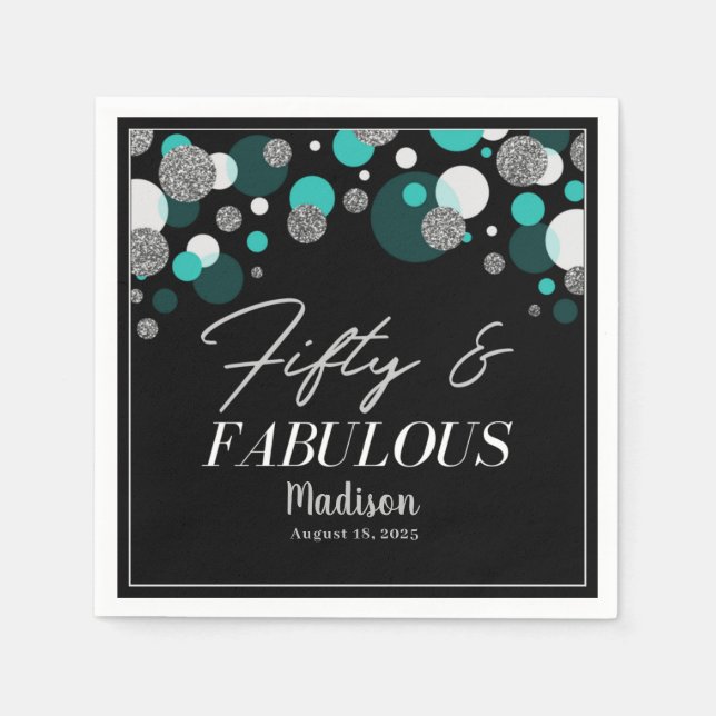 50 and Fabulous Black and Teal Napkins (Front)