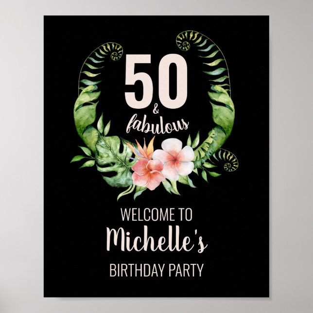 50 and fabulous black blush pink birthday party poster (Front)