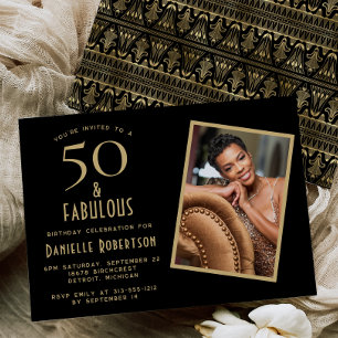 50 and Fabulous Black Gold 50th Birthday Party Invitation