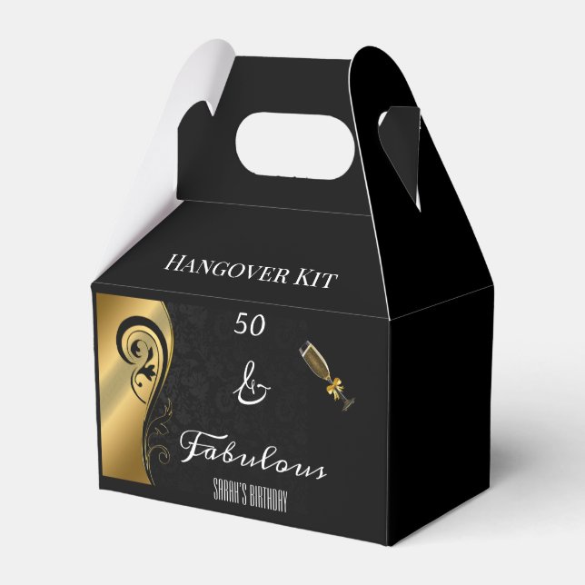 50 and Fabulous Black Gold Birthday Hangover Kit Favour Box (Front Side)