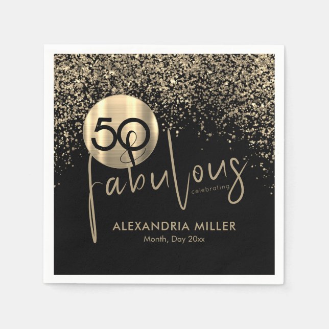 50 and Fabulous Black Gold Birthday Party Napkin (Front)