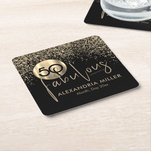 50 and Fabulous Black Gold Birthday Party Square Paper Coaster (Angled)