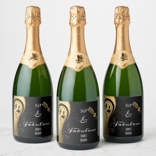 50 and Fabulous Black & Gold Birthday Sparkling Wine Label (Bottles)