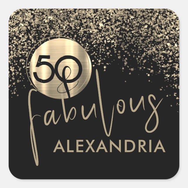 50 and Fabulous Black Gold Birthday Square Sticker (Front)