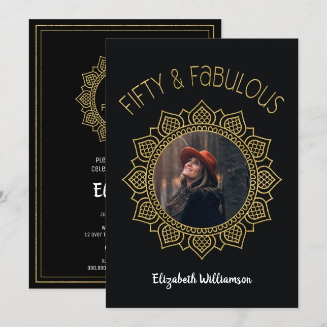 50 and Fabulous Black Gold Elegant Party Invitation (Front/Back)