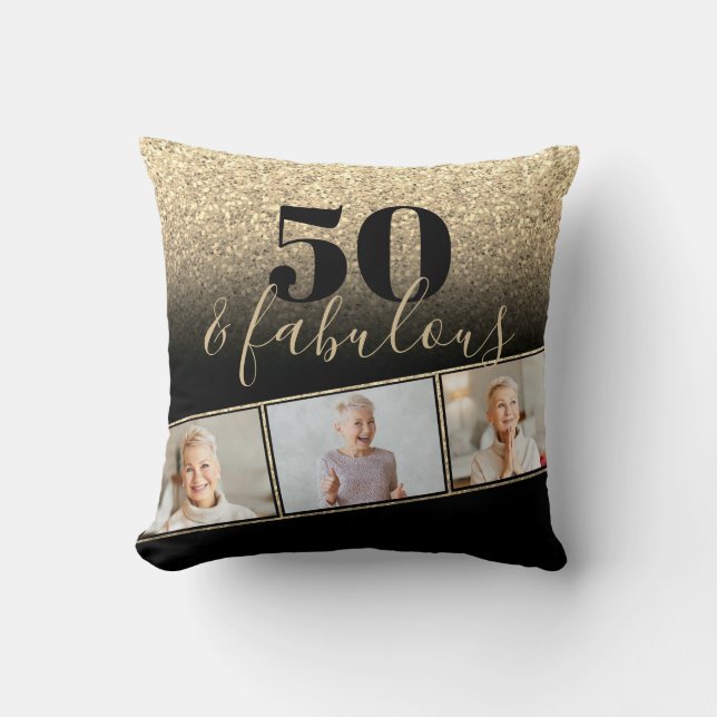 50 and Fabulous Black & Gold Faux Glitter Photo Cushion (Front)