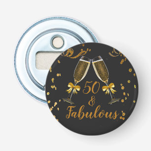50 and Fabulous Black Gold Glitter Birthday Favour Bottle Opener