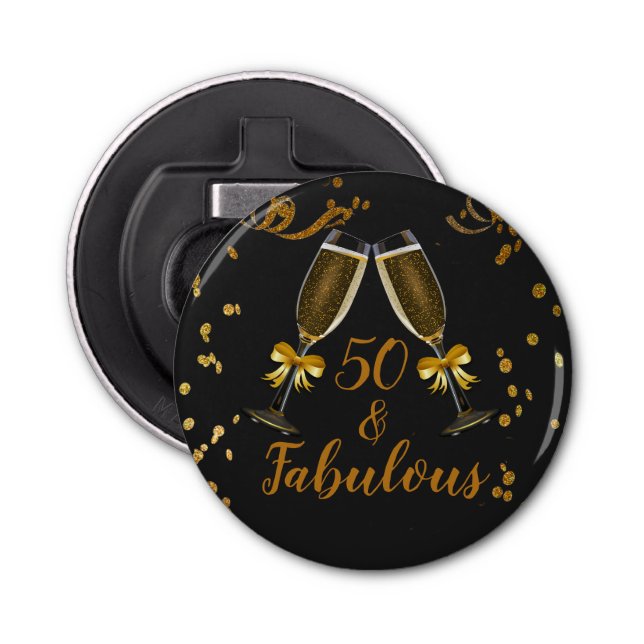 50 and Fabulous Black Gold Glitter Birthday Favour Bottle Opener (Front)