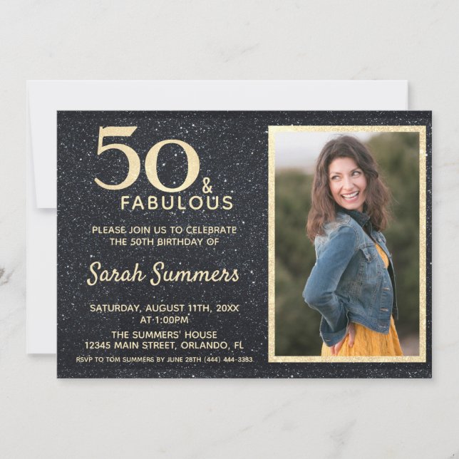 50 and Fabulous Black Gold Glitter Birthday Invitation (Front)