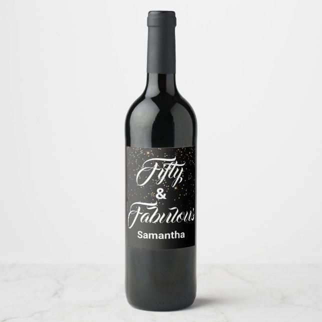 50 and Fabulous Black Gold Glitter Personalised Wine Label (Front)