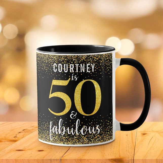 50 and fabulous black gold glitter script name mug (Creator Uploaded)