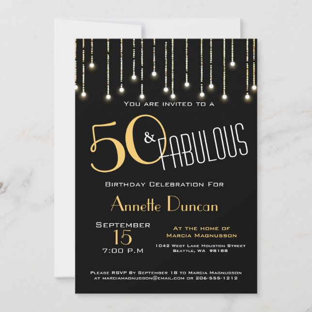 50 and Fabulous Black Gold Lights Glam Invitation (Front)