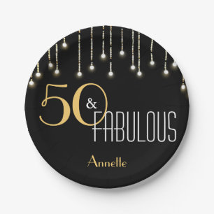 50 and Fabulous Black Gold Lights Glam Paper Plate