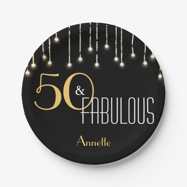 50 and Fabulous Black Gold Lights Glam Paper Plate (Front)
