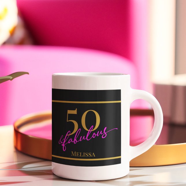 50 and Fabulous Black Gold Pink Coffee Mug (Chic 50 and Fabulous coffee mug for 50th birthday gold and pink typography on black background)