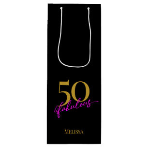 50 and Fabulous Black Gold Pink Wine Gift Bag