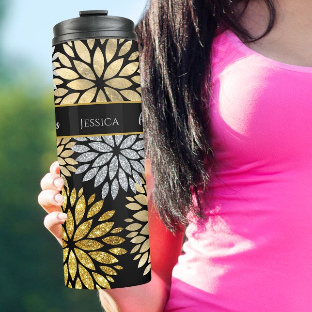 50 and Fabulous Black Gold Silver Dahlia Pattern Thermal Tumbler (Creator Uploaded)
