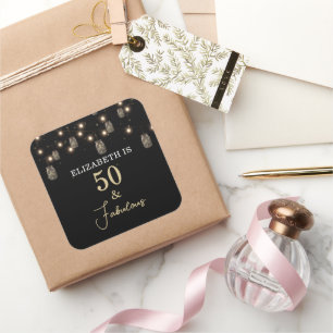 50 and Fabulous Black Gold String Lights Square Sticker