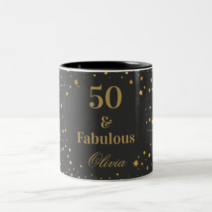 50 and Fabulous Black Golden Birthday Party Two-Tone Coffee Mug