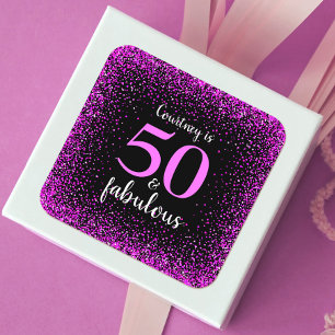 50 and fabulous black hot pink script name sparkly square sticker