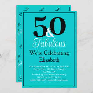 50 and Fabulous Black on Turquoise Blue  Invitation