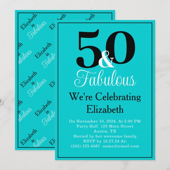 50 and Fabulous Black on Turquoise Blue  Invitation (Front/Back)