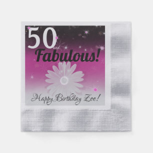 50 and Fabulous black, pink, and white with stars Napkin