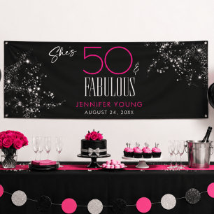50 and Fabulous Black Pink Glam Sparkle Birthday Banner