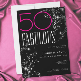 50 and Fabulous Black Pink Glam Sparkle Birthday Invitation