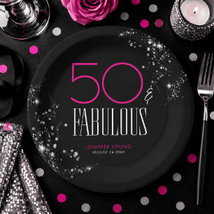50 and Fabulous Black Pink Glam Sparkle Birthday Paper Plate