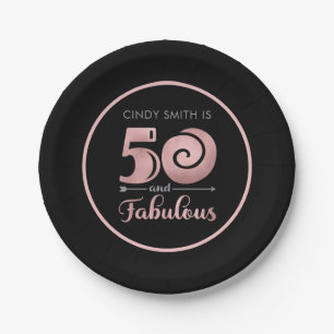 50 and Fabulous Black Rose Gold 50th Birthday Paper Plate
