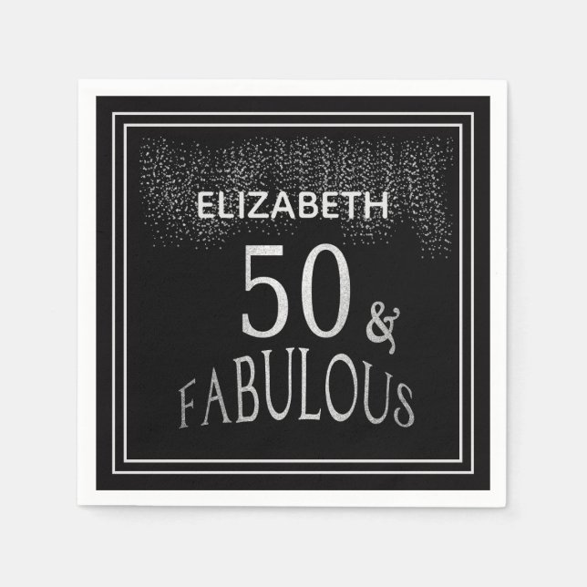 50 and Fabulous Black Silver Glitter Birthday Napkin (Front)