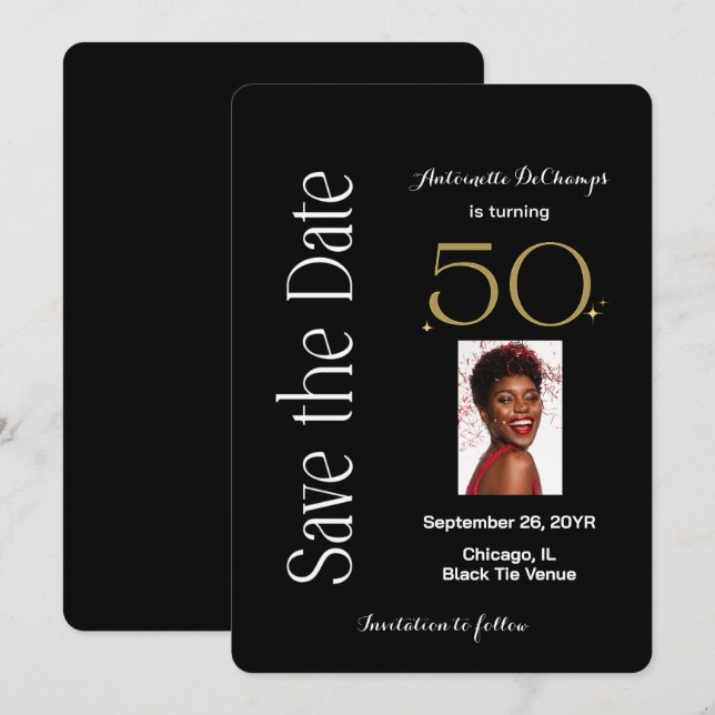 50 and Fabulous Black White Gold Birthday Party Save The Date (Front/Back)